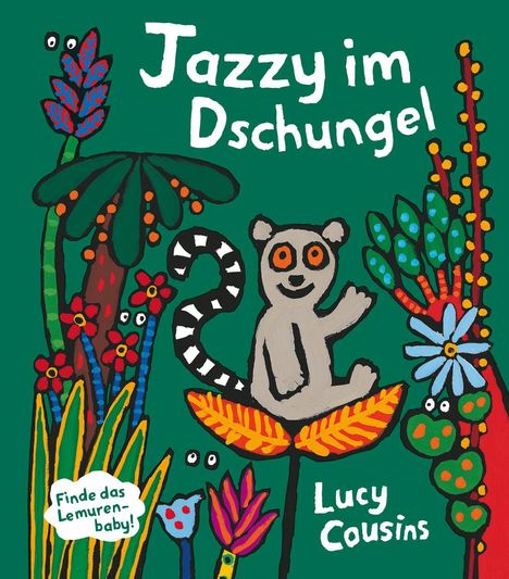 "Jazzy im Dschungel" und "Finde das Lemerun-Baby!" sind Texte. Illustration zeigt einen Lemur in buntem Dschungel.
