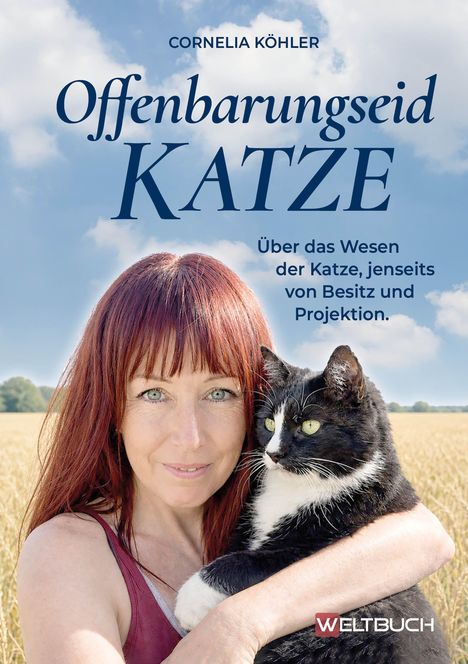 "Offenbarungseid Katze. Über das Wesen der Katze, jenseits von Besitz und Projektion." Frau hält schwarz-weiße Katze.