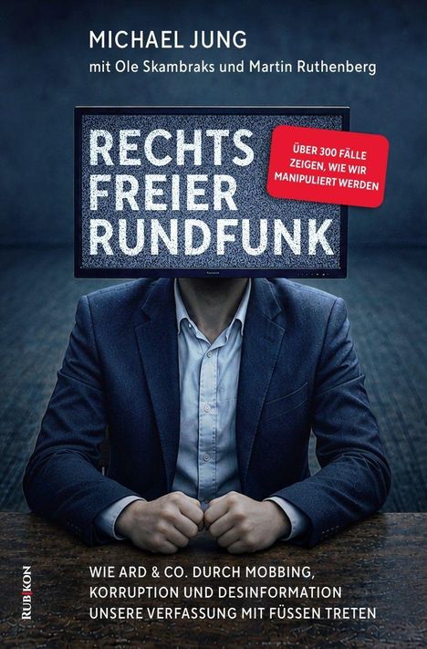 Texte: Michael Jung, RECHTS FREIER RUNDFUNK, über 300 Fälle zeigen, wie wir manipuliert werden. Person mit Bildschirmkopf.