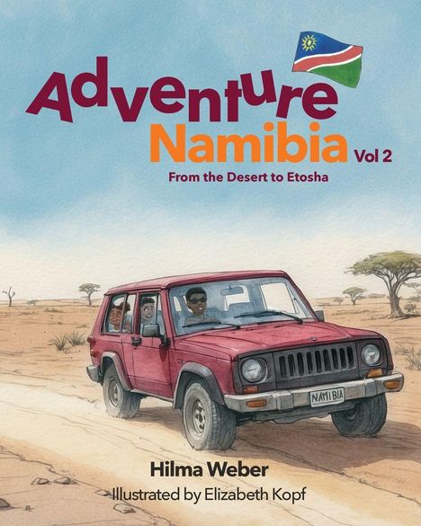 „Adventure Namibia Vol 2: From the Desert to Etosha.“ Illustration: Roter Jeep in Wüstenlandschaft mit drei Personen.