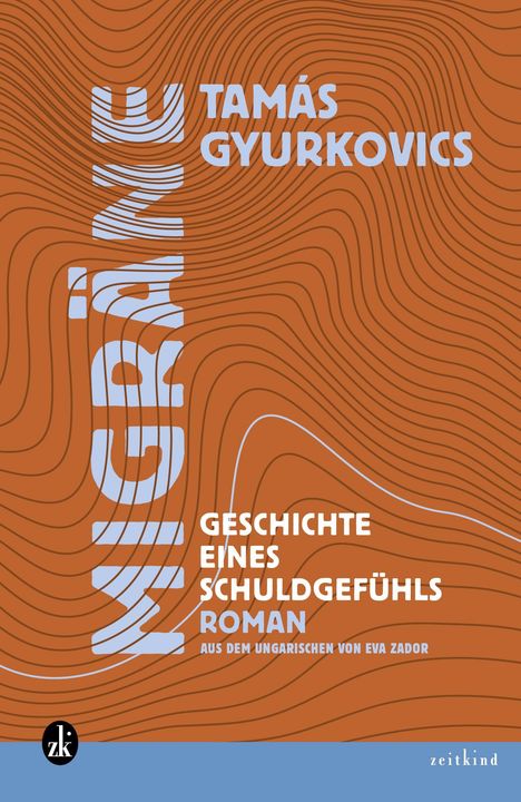 "MIGRÄNE" in vertikaler Schrift und "TAMÁS GYURKOVICS". Brauner Hintergrund mit wellenförmigen Linien.