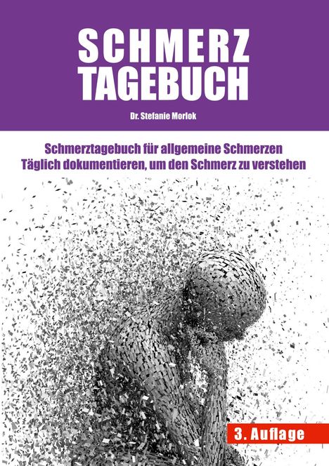 "Schmerztagebuch" von Dr. Stefanie Morlok, Illustration: Zerfallender, nachdenklicher Körper aus kleinen Fragmenten.