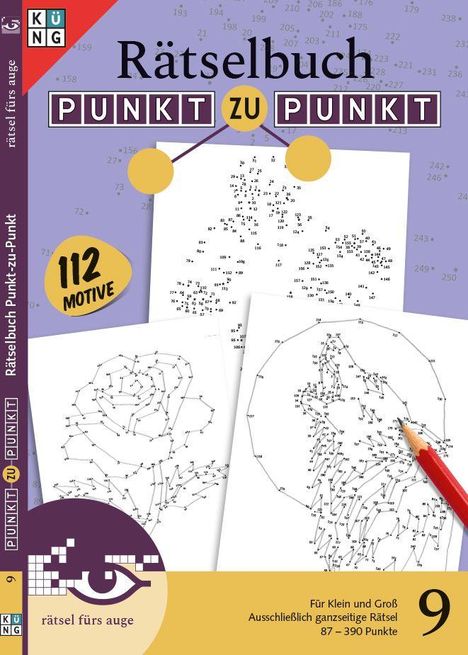 "Rätselbuch Punkt zu Punkt", "112 Motive", "rätsel fürs auge", "9". Zwei Punkt-zu-Punkt-Motive und ein Bleistift.