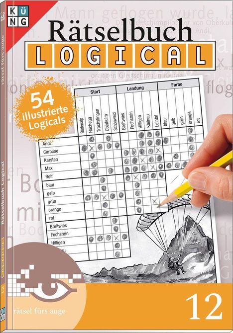 Titel: "Rätselbuch Logical", "54 illustrierte Logicals", "12". Ein Rätselfeld mit Paragliding-Illustration.