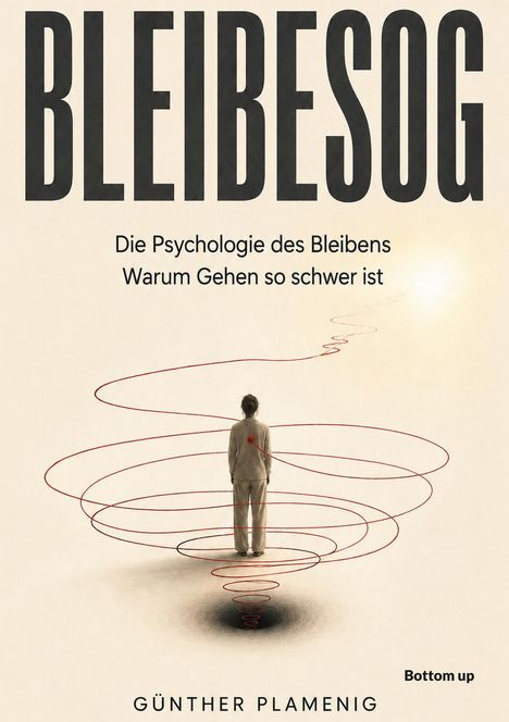 „BLEIBESOG“ oben, „Günther Plamenig“ unten. Illustration: Person mit roten Linien in einem Strudel.
