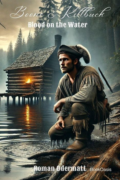 Titel: "Boone & Killbuck - Blood on the Water". Ein Mann in Pelzmütze hockt am See. Im Hintergrund eine Hütte im Wald.