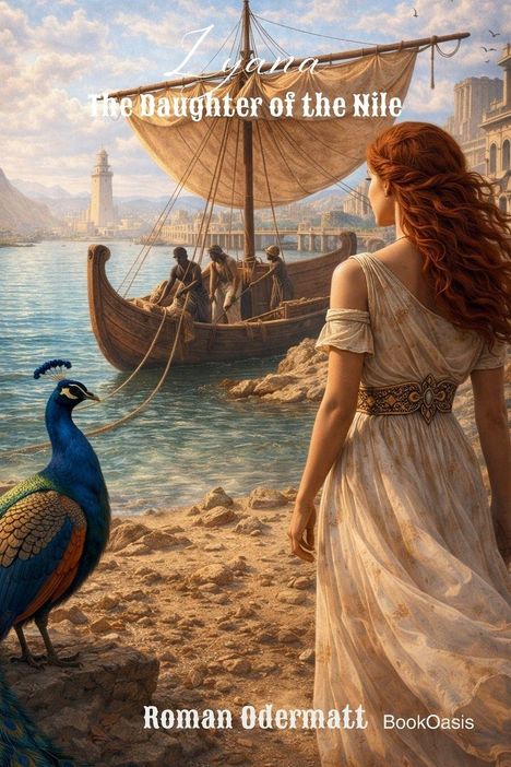 „Lyana: The Daughter of the Nile“ und „Roman Odermatt“. Eine Frau am Ufer, ein Pfau und ein antikes Schiff im Hintergrund.
