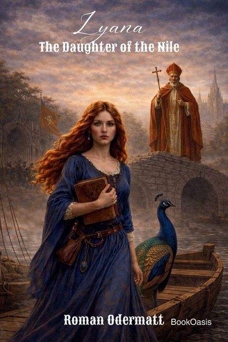 Titel: "Lyana The Daughter of the Nile". Darstellung einer Frau mit roten Haaren und einem Buch, neben einem Pfau.