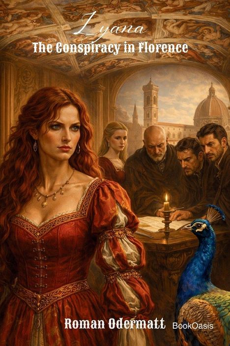„Lyana: The Conspiracy in Florence“ von Roman Odermatt. Renaissance-Gemälde: Frauen, Männer, Pfau, Kerze, florentinische Kulisse.