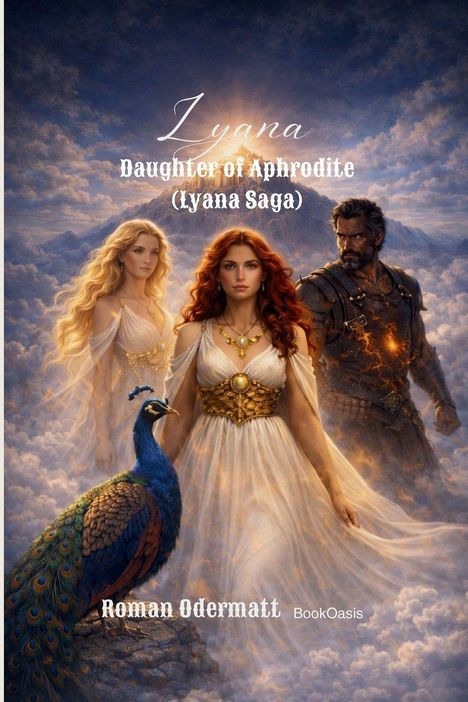 Lyana: Tochter von Aphrodite. Drei Figuren, zwei Frauen in weißen Gewändern, ein Mann in Rüstung, ein Pfau.