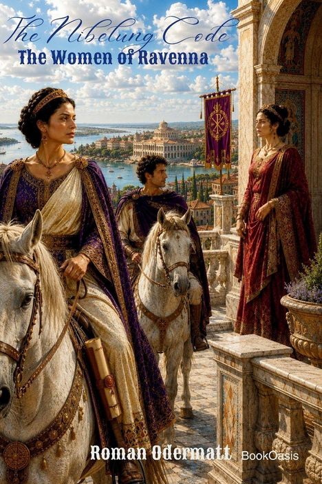 „The Nibelung Code: The Women of Ravenna“, Romanfiguren in historischen Gewändern mit Pferden, antike Kulisse.