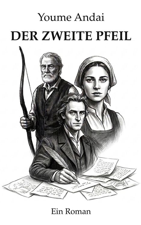 "Der zweite Pfeil" von Youme Andai, Ein Roman. Drei ernste Personen; ein alter Mann mit Bogen, Frau mit Kopftuch, Mann mit Feder.
