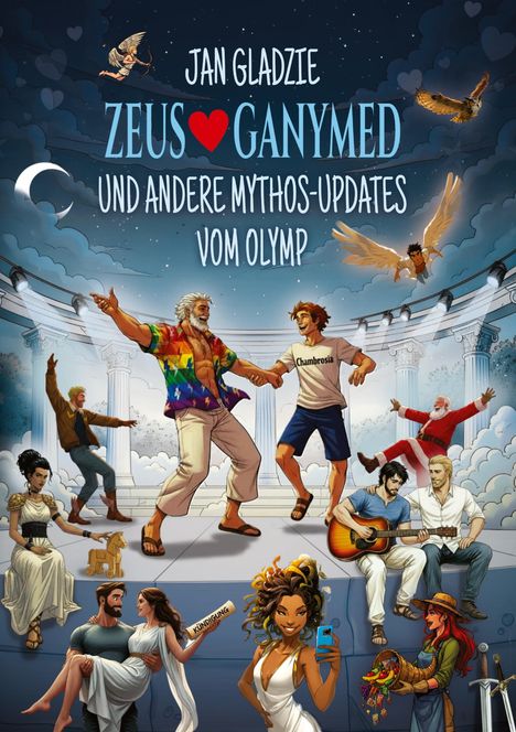 JAN GLADZIE, ZEUS ❤️ GANYMED, UND ANDERE MYTHOS-UPDATES VOM OLYMP. Griechische Figuren tanzen und musizieren in Wolken.