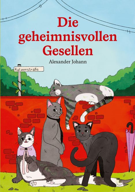 Titel: "Die geheimnisvollen Gesellen". Autor: Alexander Johann. Vier Katzen und ein Schild "Katzenstraße" an einer Mauer.