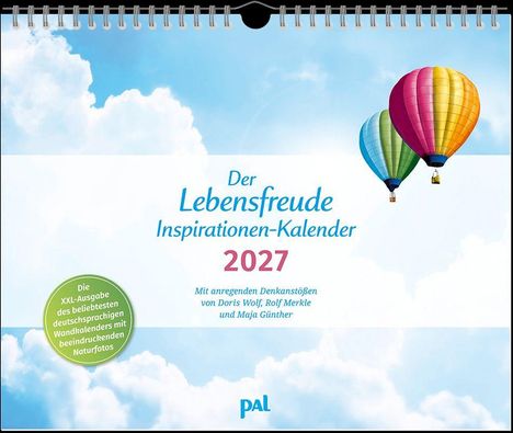 Text in Blau und Rosa: "Der Lebensfreude Inspirationen-Kalender 2027". Zwei bunte Heißluftballons am Himmel.