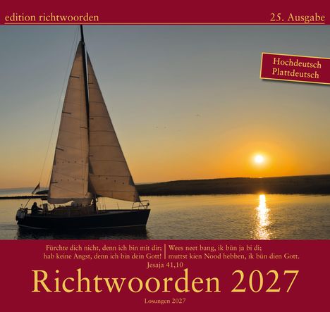 Text "edition richtwoorden 25. Ausgabe" oben, "Richtwoorden 2027" und "Losungen 2027" unten. Silhouette eines Segelboots im Sonnenuntergang.