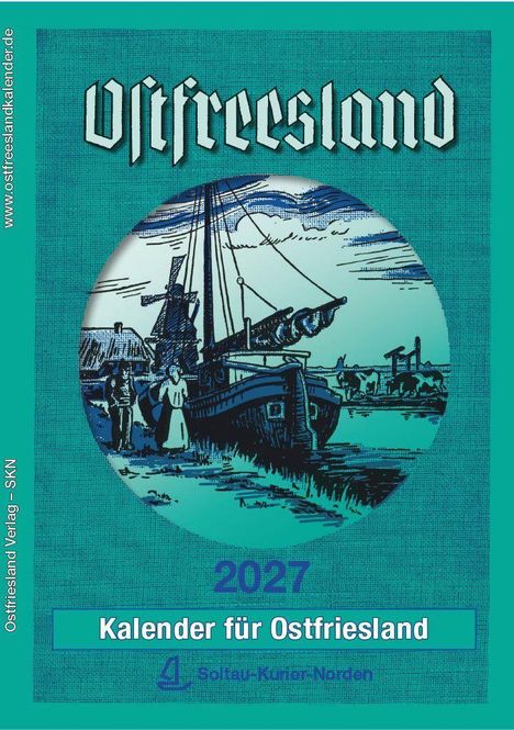 "Kalender für Ostfriesland 2027" steht im Vordergrund, darüber das Wort "Ostfreiesland". Illustration eines Schiffes.