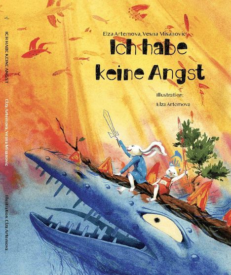 Titel: "Ich habe keine Angst". Zwei Hasen reiten auf einem Drachen, umgeben von einer farbenfrohen, fantasievollen Landschaft.