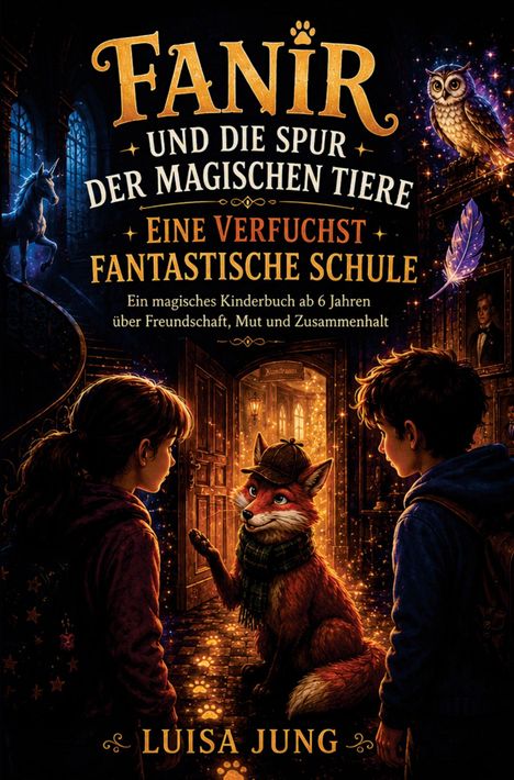 Titel: "FANIR UND DIE SPUR DER MAGISCHEN TIERE". Zwei Kinder anschauen einen Fuchs in einem magischen Raum an.