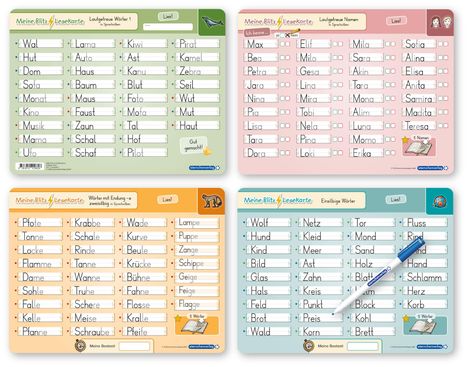 Text oben links: "Lautgetreue Wörter 1". Wörterlisten mit einfachen Begriffen. Illustrationen von Tieren und einem Stift.