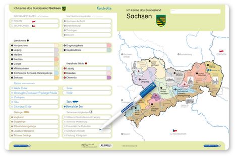 Text über Nachbarstaaten, Landkreise, Städte, Flüsse und Gebirge. Eine bunte Karte von Sachsen zeigt Regionen.