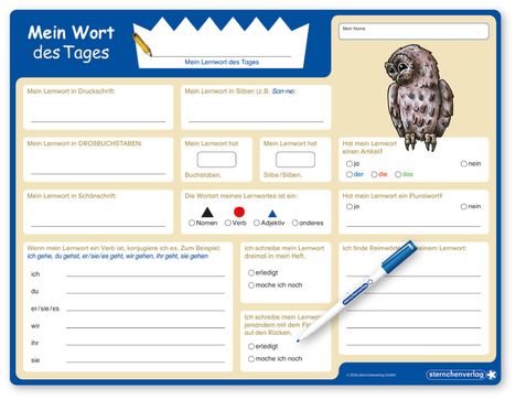 Texte: Mein Wort des Tages, Mein Lernwort des Tages, Mein Name, Druckschrift, Silben, GROSSBUCHSTABEN, Schönschrift. Illustration: Eule.