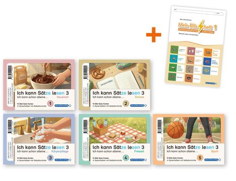 Texte: „Ich kann Sätze lesen 3“ und „Mein Blitzheft 1“. 

Illustration: Fünf Lernkartensets und ein Übungsheft mit bunten, thematischen Bildern.