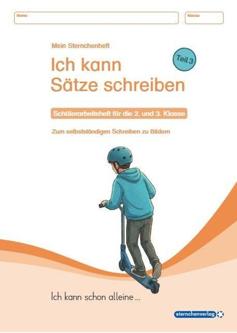 Text: "Ich kann Sätze schreiben", "Schülerarbeitsheft für die 2. und 3. Klasse". Illustration: Kind auf einem Roller.