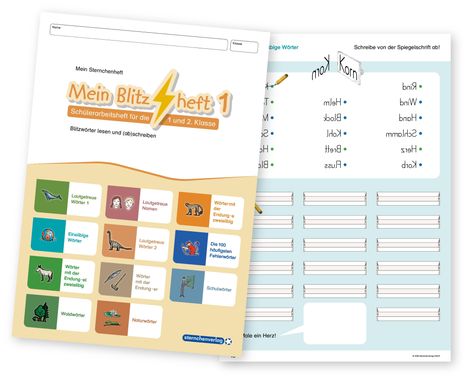 Deckblatt eines Schülerarbeitshefts mit verschiedenen Kategorien von Wörtern und einer Tabelle. Oben: "Mein Blitzheft 1".