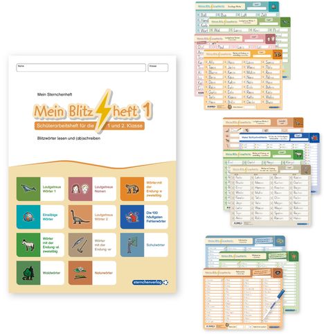 "Mein Blitzheft 1" – Schülerarbeitsheft mit Kategorien wie "Lautgetreue Wörter", "Schulwörter", illustriertes Lernmaterial.