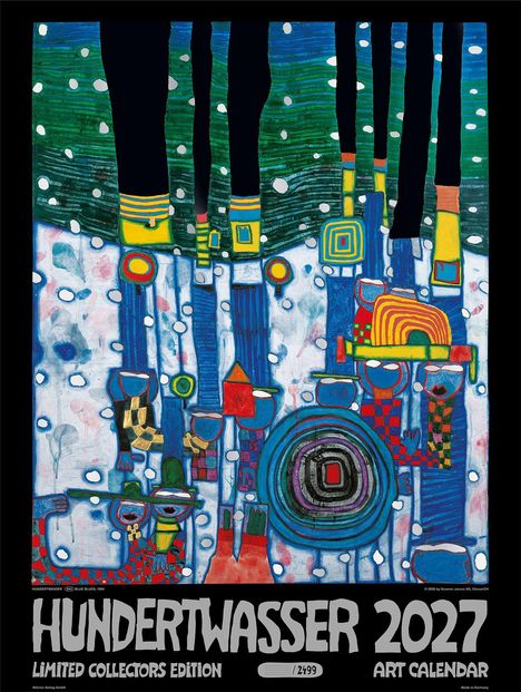 "HUNDERTWASSER 2027", "LIMITED COLLECTORS EDITION", "2/499", "ART CALENDAR". 
Ein farbenfrohes abstraktes Kunstwerk.