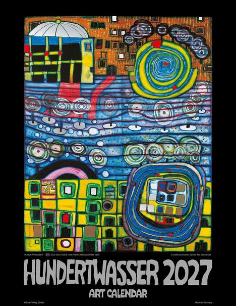 "Hundertwasser 2027 Art Calendar" steht unten. Oben ein buntes, abstraktes Gemälde mit geometrischen Formen und Mustern.
