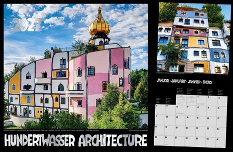 2027, Januar, Hundertwasser Architecture. Bunte Gebäude mit goldener Kuppel und verspielten Fensterformen.