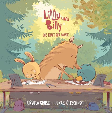 "Linny und Billy: Die Kraft der Worte" oben. Illustration: Kaninchen, Wildschwein und Ente malen an einem Tisch.