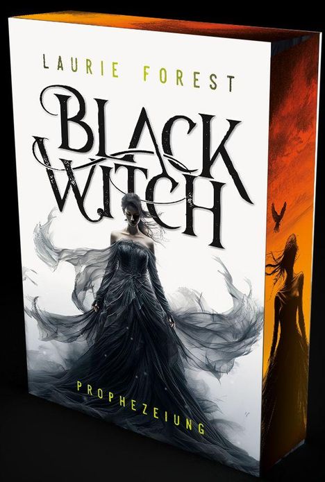 Text: "Laurie Forest - Black Witch - Prophezeiung." Illustration: Eine Frau in einem dunklen Kleid, umgeben von Rauch.