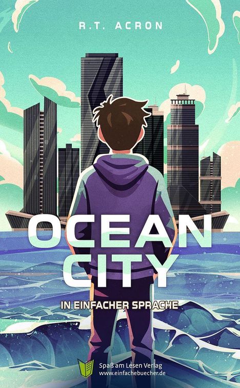"OCEAN CITY IN EINFACHER SPRACHE". Junge blickt auf futuristische Stadt am Meer. Pastellfarbene Illustration.