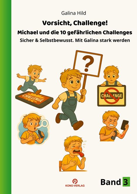 "Vorsicht, Challenge!" Michael sieht besorgt und neugierig aus, probiert riskante Herausforderungen auf einem Smartphone.