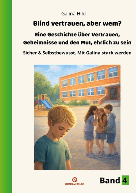 Titel: "Blind vertrauen, aber wem?" Illustrationen von Kindern auf einem Schulhof, ein Junge im Vordergrund, nachdenklich.