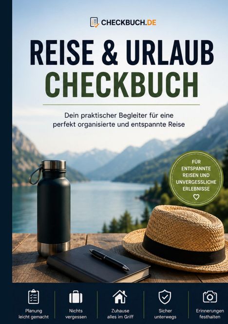Text: "REISE & URLAUB CHECKBUCH. Dein praktischer Begleiter..." Logo oben. See mit Bergen im Hintergrund.