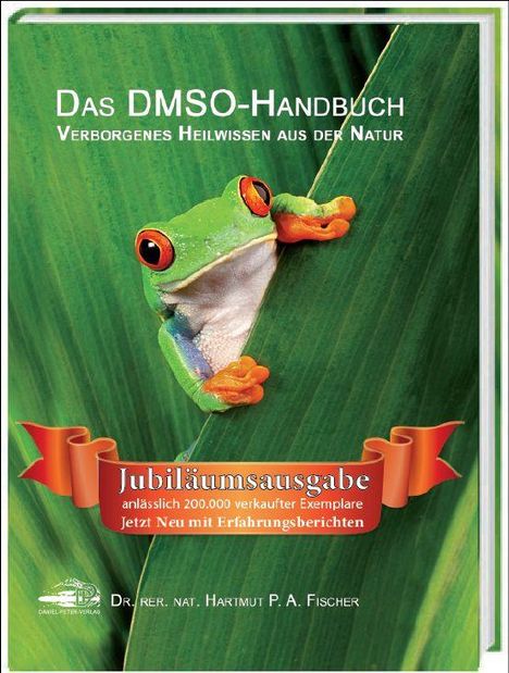 "Das DMSO-Handbuch. Jubiläumsausgabe. Ein Frosch sitzt auf einem großen Blatt, Textbanner unten ziert die Szene."
