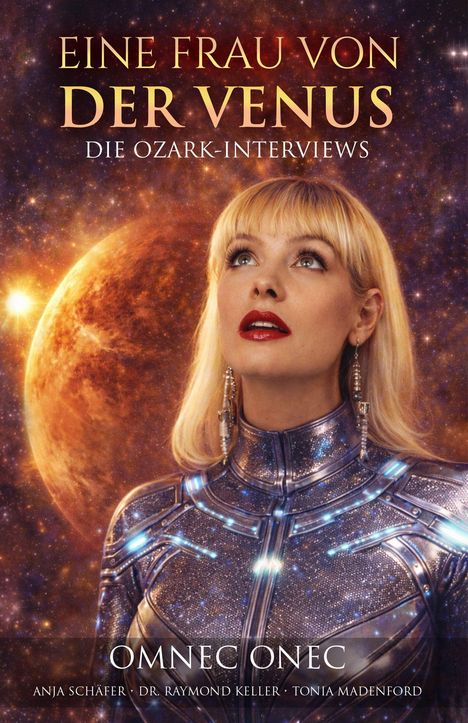 Oben: "EINE FRAU VON DER VENUS", "DIE OZARK-INTERVIEWS". Unten: "OMNEC ONEC". Frau in futuristischer Kleidung vor Sternenhimmel.