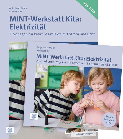 Auf blauem Hintergrund steht: "MINT-Werkstatt Kita: Elektrizität." Zwei Kinder experimentieren mit Kabeln.