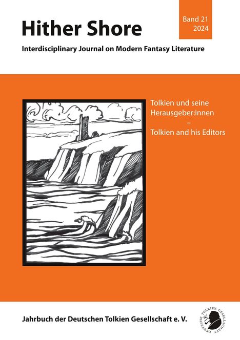 "Hither Shore", Band 21 (2024). Illustration von Küstenklippen mit Turm, Meer, Wolken. Logo unten rechts.