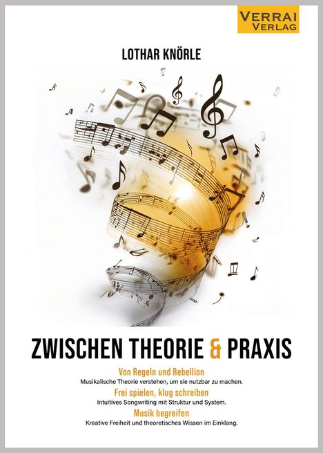 „Lothar Knörle“, „Zwischen Theorie & Praxis“. Noten und Musiksymbole schweben dynamisch auf hellem Hintergrund.