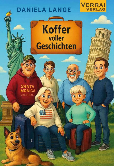 „Koffer voller Geschichten“ ist auf einem Koffer geschrieben. Eine diverse Gruppe und Wahrzeichen im Hintergrund.