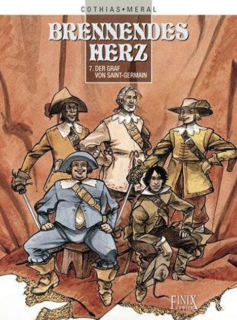 "Brennendes Herz. 7. Der Graf von Saint-Germain." Illustration: Fünf lächelnde Männer in historischen Kostümen.