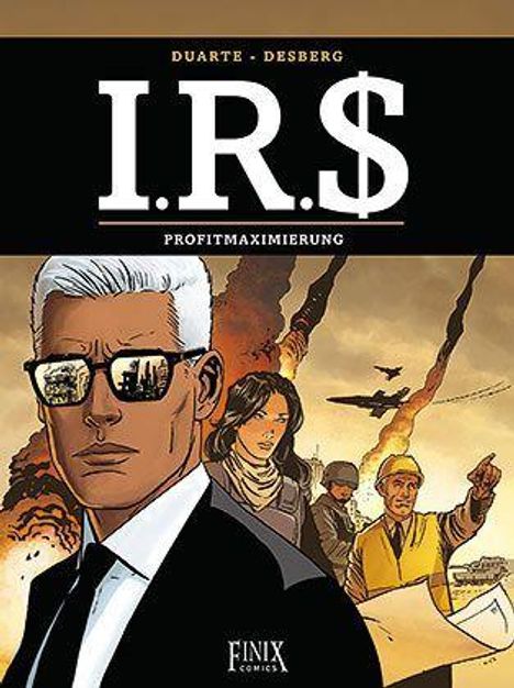 Große Schrift: "I.R.$", darunter "PROFITMAXIMIERUNG". Illustration mit einem Mann in Anzug und Sonnenbrille.