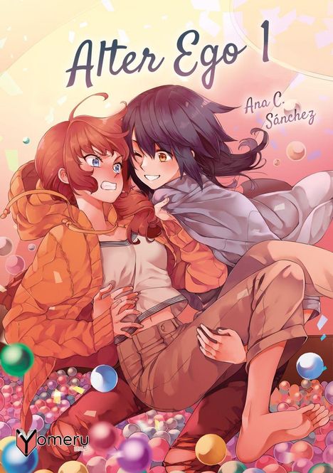 „Alter Ego 1“, Ana C. Sánchez. Illustration: Zwei Mädchen, umgeben von bunten Bällen; eines trägt einen Kapuzenpulli.