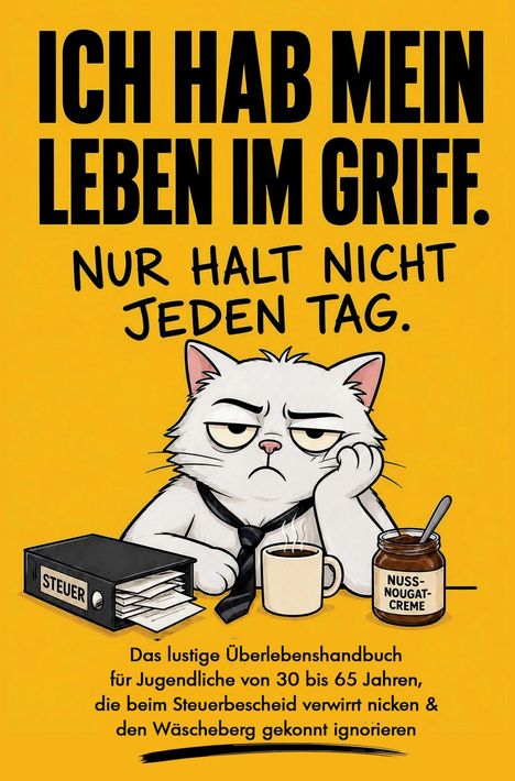 Text: "ICH HAB MEIN LEBEN IM GRIFF. NUR HALT NICHT JEDEN TAG." Illustration: Genervte Katze mit Kaffee und Unterlagen.