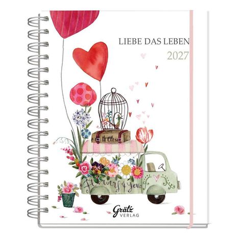 „LIEBE DAS LEBEN 2027“; Illustration eines Blumenwagens mit Herzballons und Blumen, pastellfarben und verspielt.